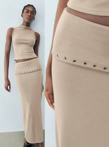 Maija Spring And Summer New Urban Modern Blue Knitted Perforated Decorative Women's Skirt For Daily Casual Sexy Elegant Commuting Suitable For Holiday Festival Parties Christmas New Year Valentine's Day Old Money Style Festival 90s Bohemian