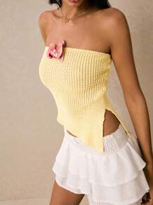 Poéselle Áo len bandeau thời trang họa tiết hoa 3D viền bất đối xứng dành cho nữ - Màu vàng - Xem 1