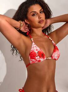 Opulessa Damen Sommer Strand Blume Muster Neckholder Vorne zu Binden Sexy Bikini 2-Teilig Badeanzug