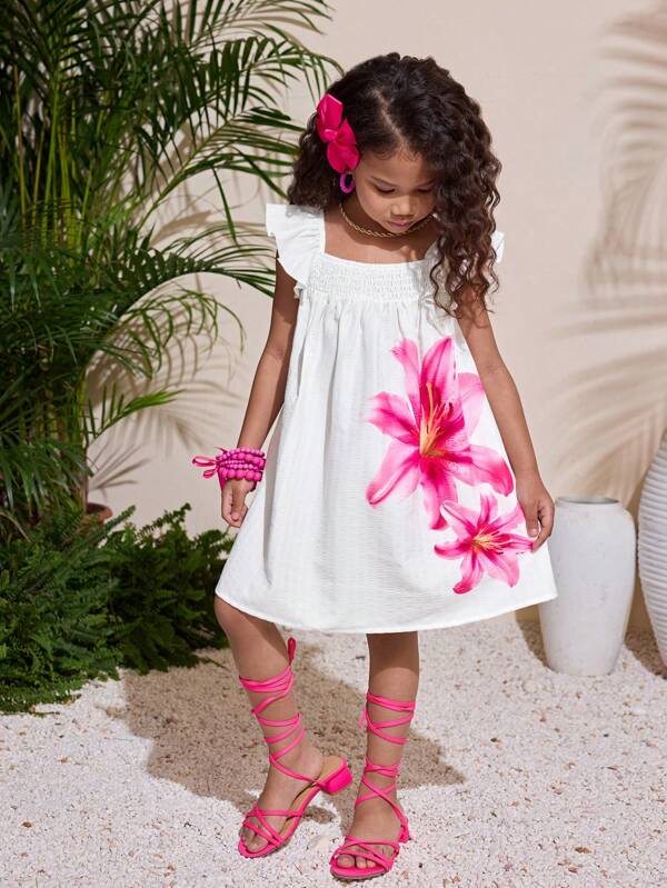 Young Girls Cute Flower Print Ruffle Hem Loose A-Line Casual Vacation Home Outdoor Back To School Dress, Spring/Summer