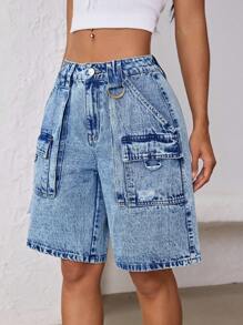 SHEIN ICON Denim Shorts With Pockets, Fashionable For Summer - Light Wash - View 4