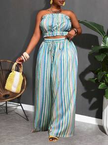 Slaydiva 女式加大码荷叶边吊带上衣和纸袋腰阔腿裤，适合春夏音乐节、复活节、西部风格、波西米亚风、纳什维尔、生日派对、毕业典礼、学生、休闲日常穿着、基础款、休闲装、度假、邮轮旅行、海滩、日光浴、彩色垂直条纹、抽象条纹印花 - 彩色 - 查看 2