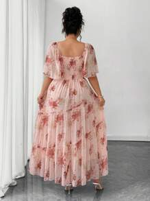 SHEIN Clasi 大码女式玫瑰印花雪纺常规春夏优雅短袖粉色连衣裙