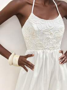 Maija 女式白色 U 领连衣裙，露背系带纯色宽松 A 字形夏季度假连衣裙