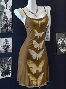 SHEIN EZwear Summer Country Concert Outfit   Butterfly Printed Sleeveless Mesh A-Line Dress - Brown - View 3
