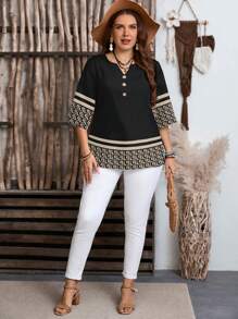 EMERY ROSE 大码女式复古花卉图案前扣短袖休闲衬衫，女式夏季衬衫，女式衬衫，乡村度假风格，女式波西米亚风格衬衫，女式乡村休闲衬衫 - 黑色 - 查看 6