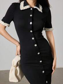 Heiryn 撞色饰边纽扣前身紧身连衣裙长款晚礼服 - 黑色 - 查看 4