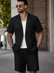 Manfinity Homme Plus Size Men Lapel Neck Shirt And Shorts Suit Set