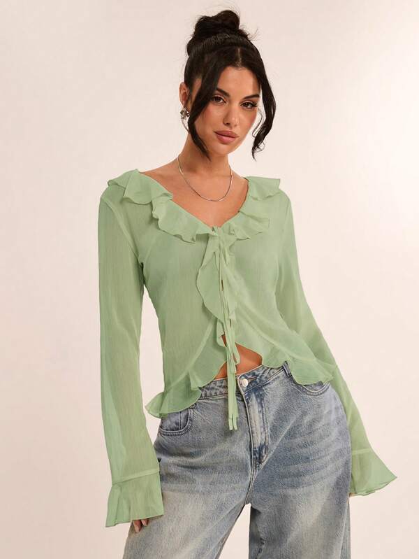 SHEIN BAE Women's Elegant Solid Color Sheer Ruffle Trim Bell Sleeve Chiffon Blouse, Suitable For Romantic Dates, Hangouts With Friends, Vacation, And Everyday Graceful Wear, Early Spring