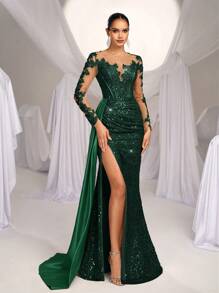 Glamrae Elegant Luxurious Embroidered Sequin Lace Satin Ruched Slit Fishtail Maxi Dress With Train,Formal Gown For Wedding Guest,Parties,Galas,Valentine's Day - Dark Green - View 5