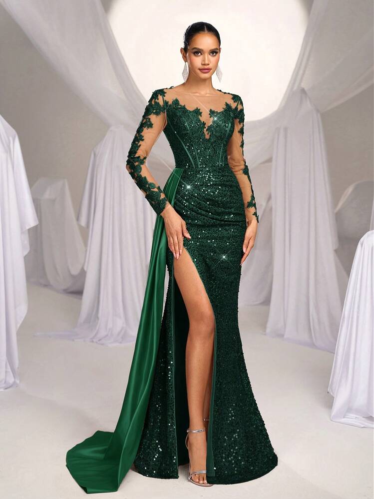 Glamrae Elegante y lujoso vestido de satén maxi con abertura, cola de pez y tren, bordado con encaje y lentejuelas, adecuado para bodas, fiestas, vacaciones, galas y ocasiones especiales (muy adornado), vestido formal, de fiesta, de noche, para invitada de boda en color verde, para el Día de San Valentín - Verde Oscuro - Añade 5