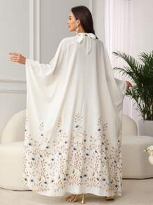 SHEIN Najma 2 件女士优雅花卉印花宽松开衫和露背连衣裙套装，适合休闲社交聚会，端庄 - 白色 - 查看 2