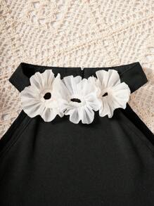Set de 2 piezas con Top de cuello halter y Falda con decoración floral elegante para niña preadolescente, encantador para fiestas, bodas, primavera/verano