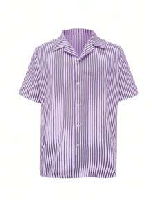 Manfinity Dauomo Men's Casual Striped Print Button Front Short Sleeve Shirt - Purple - View 3