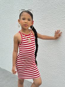 Young Girl Woven Solid Color Boat Neck Ruffle Hem Fitted Casual Dress - Hot Pink - View 3