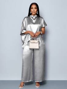 SOLERSUN Conjunto de blusa de satén con cuello de pico elegante y mangas tipo murciélago, bajo asimétrico, y pantalones rectos y elegantes largos, en color liso sofisticado para mujer