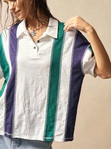 Bohemela BOHO Retro Style Casual Striped Patchwork Collared Short Sleeve Loose Women T-Shirt - Army Green - View 5