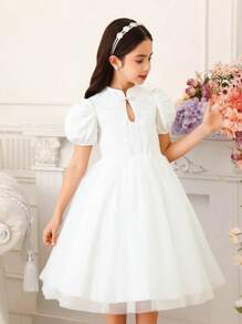 SHEIN Girls' Butterfly Embroidery Mesh Luxe Birthday Party Puff Sleeve Button Chinese Style Dress - White - View 1