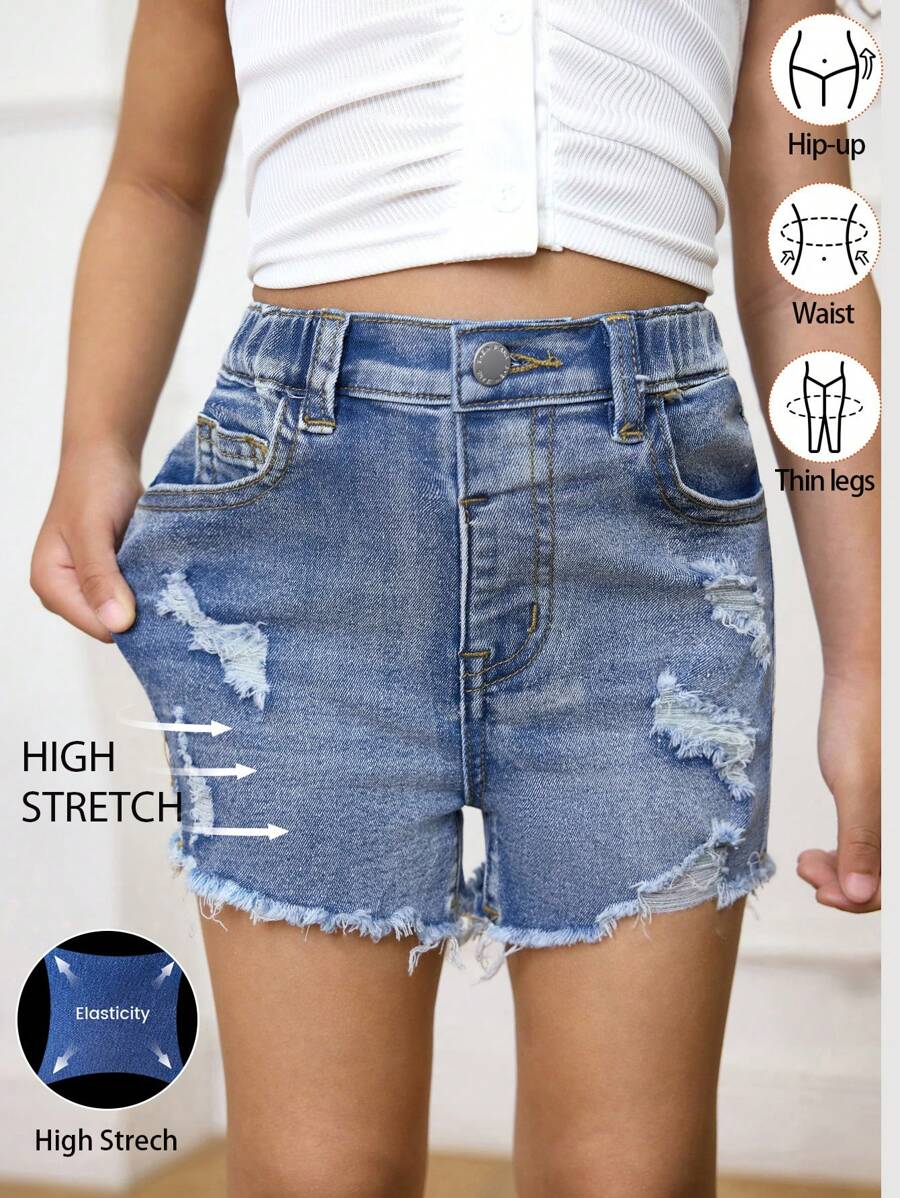 SHEIN Young Girls Light Wash Denim Shorts With Ripped Details And Frayed Hem - Light Wash - View 1