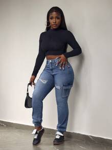 Slaydiva Women's Casual Distressed Skinny Denim Cargo Jeans - Blue - View 5