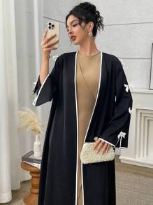 Women's Contrast Trim Butterfly Decor Long Sleeve Abaya, Modest Robe - Black - View 5