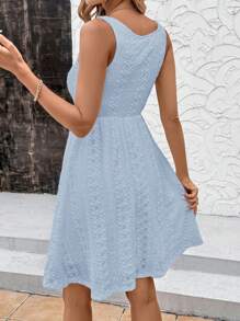 SHEIN Clasi Váy dệt kim co giãn dáng chữ A, họa tiết ba chiều, không tay, thắt eo, màu trắng thanh lịch dành cho nữ mùa hè, phù hợp với nhiều dịp khác nhau, có thể mặc khi đi chơi hàng ngày, đi làm, du lịch và nghỉ dưỡng - Màu xanh nhạt - Xem 2