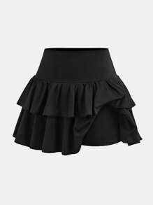 SHEIN Girlism Teen Girls Casual, Sports, Preppy, Back To School, Black Layered Ruffle Hem Cake Tutu Skirt Shorts Skirt, Spring And Summer