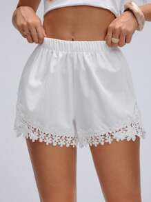 TRNVIE Shorts casuales de mujer de unicolor con cintura elástica y parches de encaje