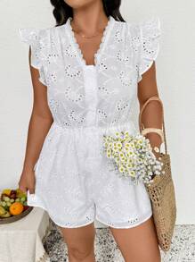 SHEIN Frenchy Plus Size Summer Casual Vacation Solid Embroidered Cap Sleeve Jumpsuit, Suitable For Beach Holiday - White - View 3