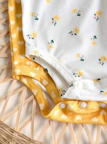 2 Pcs Newborn Baby Girl Adorable Summer Knitted Ditsy Floral & Heart Polka Dot Print Jumpsuit Onsie Set