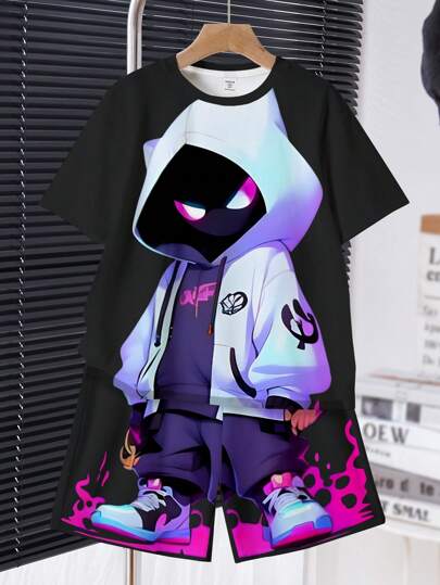 SHEIN 2pcs Tween Boy Casual Stylish Cool Alien Graphic Print Round Neck Short Sleeve T-Shirt And Shorts Set, Suitable For Summer