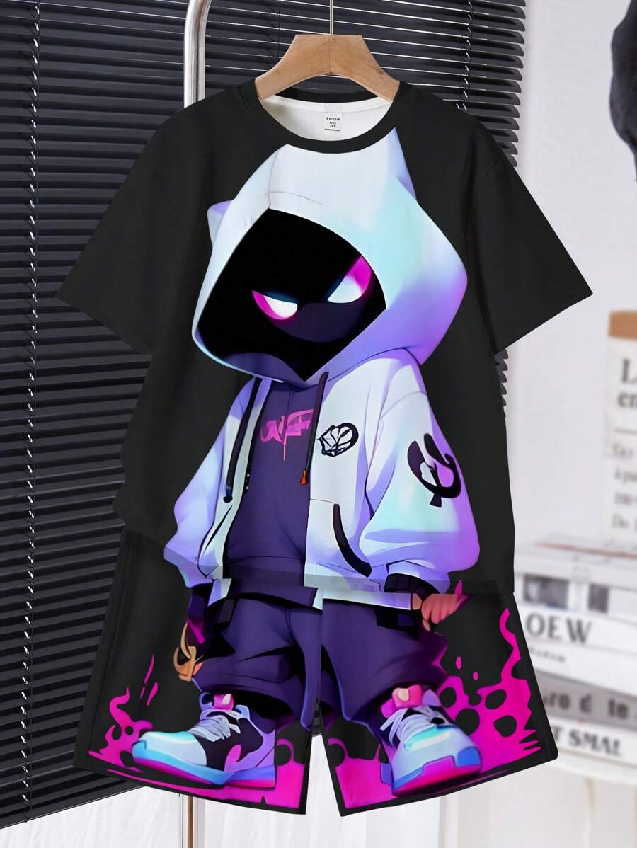 SHEIN 2 件套青少年男孩休闲时尚酷炫外星人图案印花圆领短袖 T 恤和短裤套装,适合夏季 - 彩色 - 查看 1