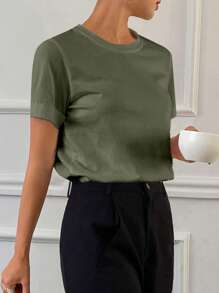 Livesso 女士纯色短袖T恤，适合夏季的时尚 - 軍綠色 - 查看 2