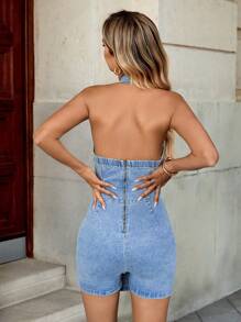 SHEIN Essnce 女式休闲夏季纽扣半开襟不对称下摆牛仔连体衣 - 藍色 - 查看 6