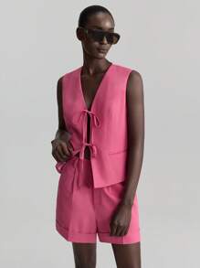 Ontre Bộ vest và quần short vest buộc dây phía trước dành cho nữ, trang phục công sở giáo viên, lễ hội âm nhạc mùa thu/đông - Màu Hoa hồng đỏ - Xem 1