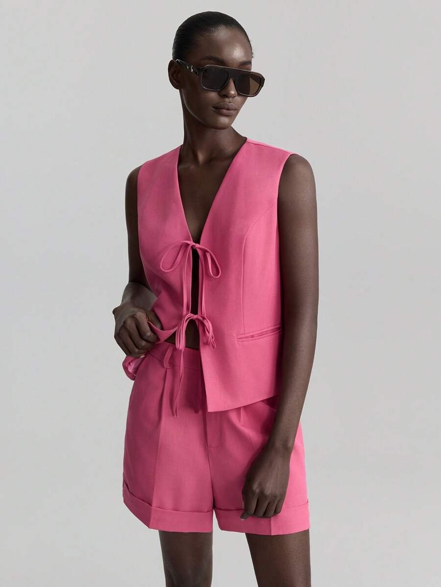 Ontre Bộ vest và quần short vest buộc dây phía trước dành cho nữ, trang phục công sở giáo viên, lễ hội âm nhạc mùa thu/đông - Màu Hoa hồng đỏ - Xem 1