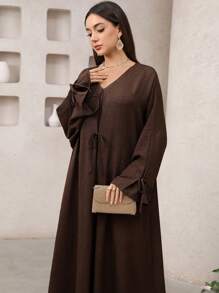 SHEIN Najma Coffee Color Tie Bow Cardigan, Fashionable For Summer, Modest Kaftan