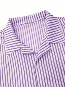 Manfinity Dauomo Men's Casual Striped Print Button Front Short Sleeve Shirt - Purple - View 4