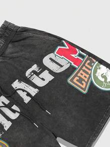 ROMWE MEN Prep 男士夏季休闲水洗字母印花短裤