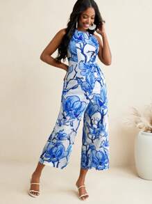 EBIB 蓝色花卉印花直筒半裹式系带连体裤女式夏季优雅连体裤