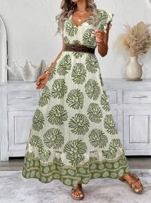 SHEIN LUNE Vestido con mangas cortas de estilo plisado y volantes, cintura ceñida y dobladillo con volantes en línea A, estilo casual y de resort para mujer - Verde - Ver 6
