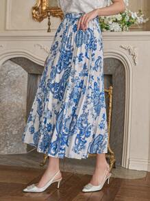 DAZY 蓝白瓷纹松紧腰女士中长裙