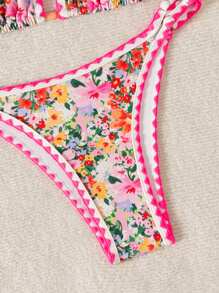 Swim Mod 2pcs Women Beach Fashion Set, Ditsy Floral, Sweet, Colorblock Trim Bikini Swimwear Set For Vacation For Summer - Multicolor - View 4