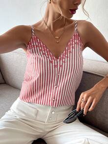 SHEIN Frenchy Áo ba lỗ rộng rãi thiết kế nút kẻ sọc cho nữ - Đỏ và trắng - Xem 8
