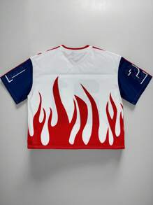 Aesthetic Post 男士夏季休闲拼色火焰和数字印花T恤