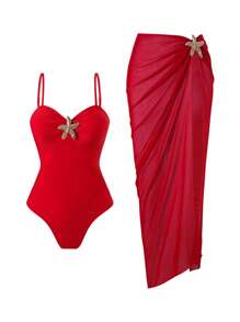 Swim Oasis 2 件套纯色细肩带海星装饰超长裙和连体泳衣套装，女式，夏季 - 紅色 - 查看 4