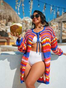 SHEIN Swim Curve 大码女式彩色条纹针织圆领复古风格系带长袖休闲和服，春季