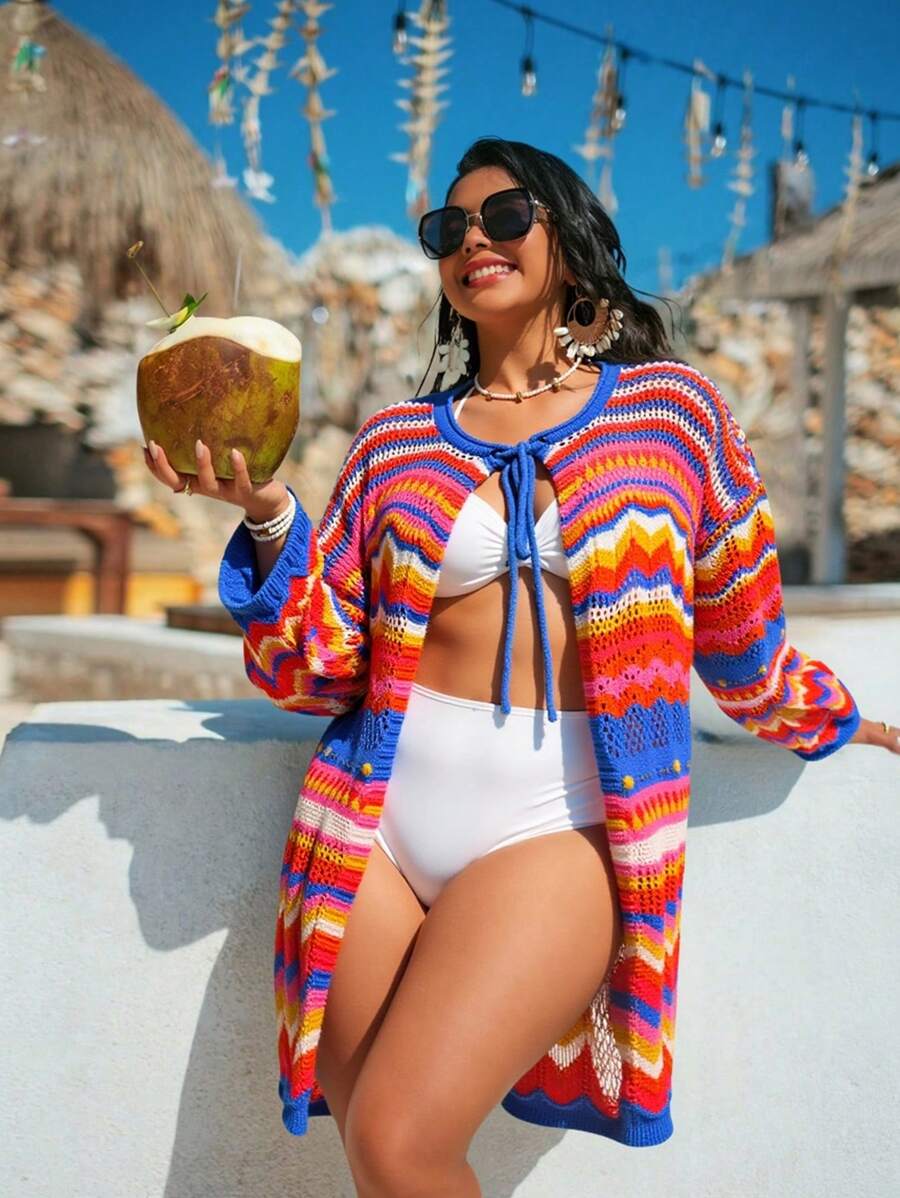 SHEIN Swim Curve 大码女式彩色条纹针织圆领复古风格系带长袖休闲和服，春季