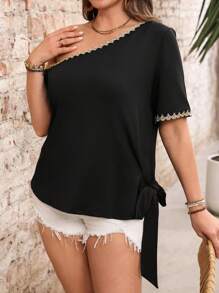 SHEIN LUNE 大码女式黑色修身镂空肩部可调节下摆系带设计休闲百搭短袖 T 恤，适合日常休闲、外出、通勤、街头、约会、派对等场合 - 黑色 - 查看 6
