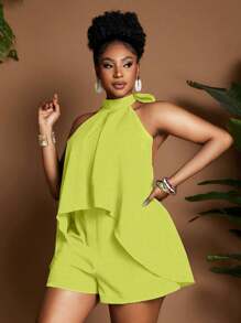 Maweii Bộ đồ liền thân hở lưng màu trơn thường ngày cỡ lớn mùa hè - màu xanh lá - Xem 5